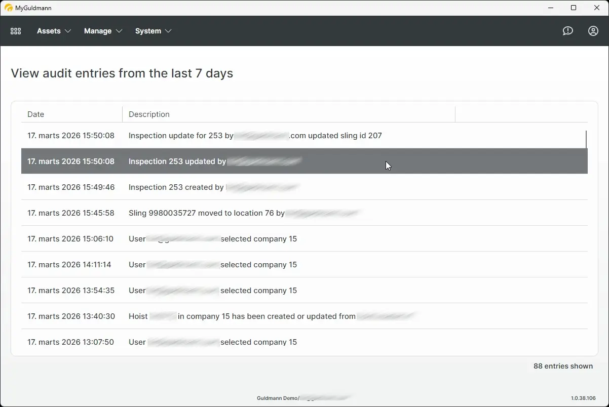 MyGuldmann audit log entries from the last 7 days