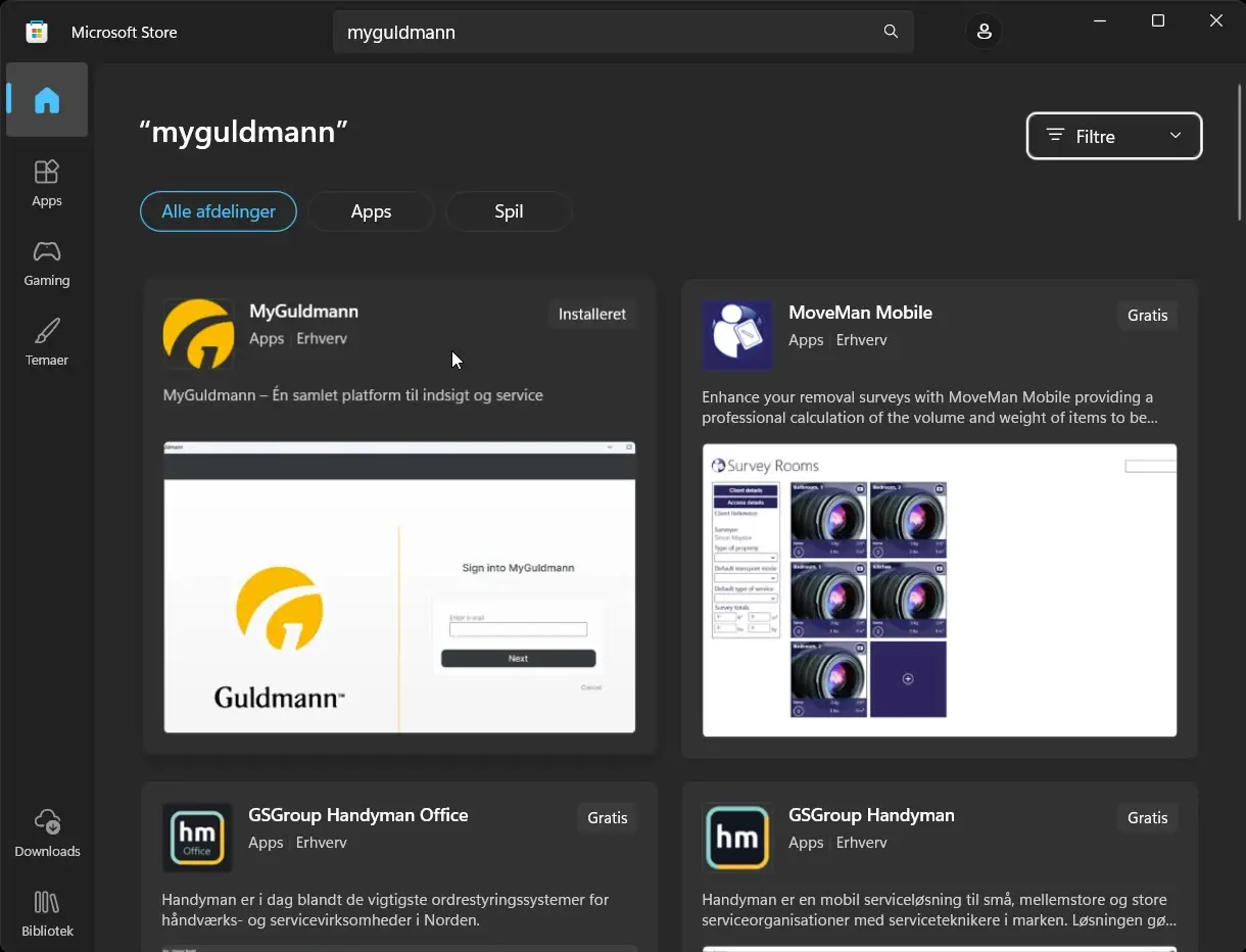 The screenshot shows the Microsoft Store with a search for "myguldmann". The top result is the MyGuldmann app, which is installed.
