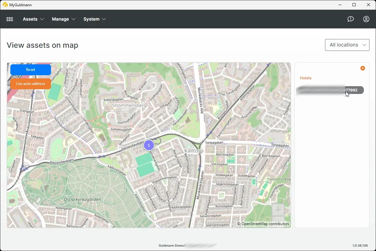 MyGuldmann map view showing assets with location marker and hoist details.