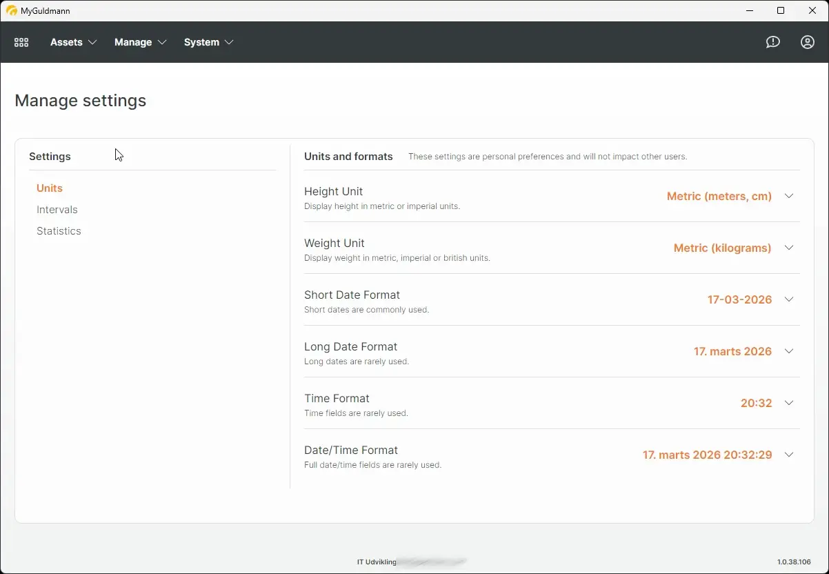 MyGuldmann Manage Settings screen showing Units and Formats options.