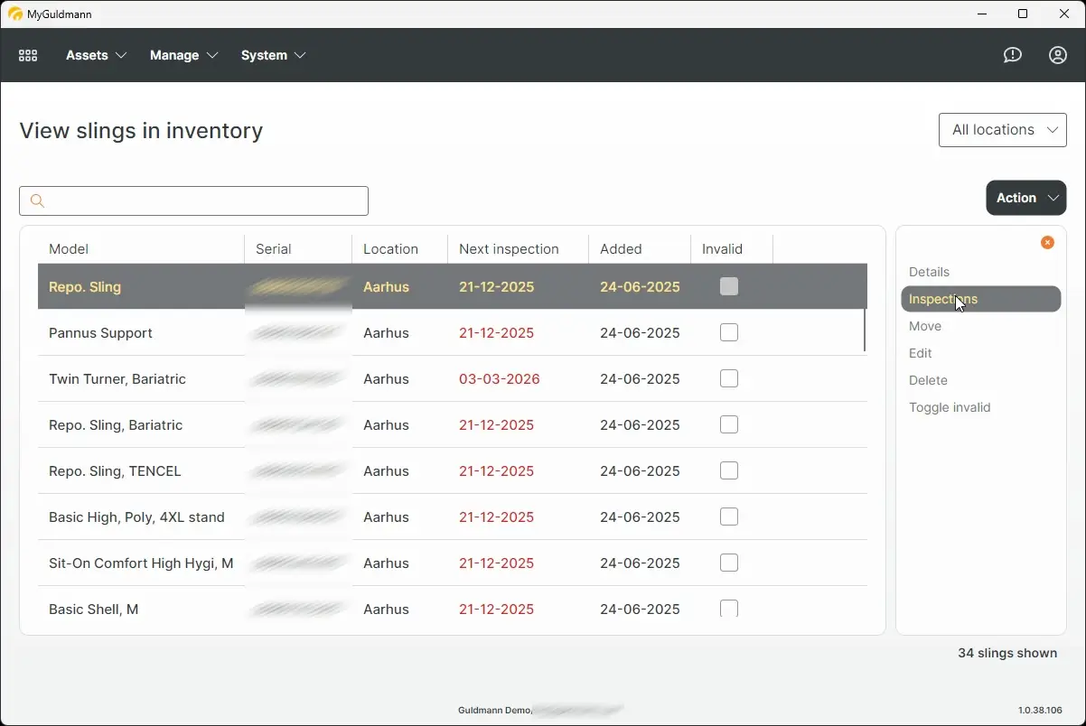 MyGuldmann View slings in inventory page showing sling details and inspection options.