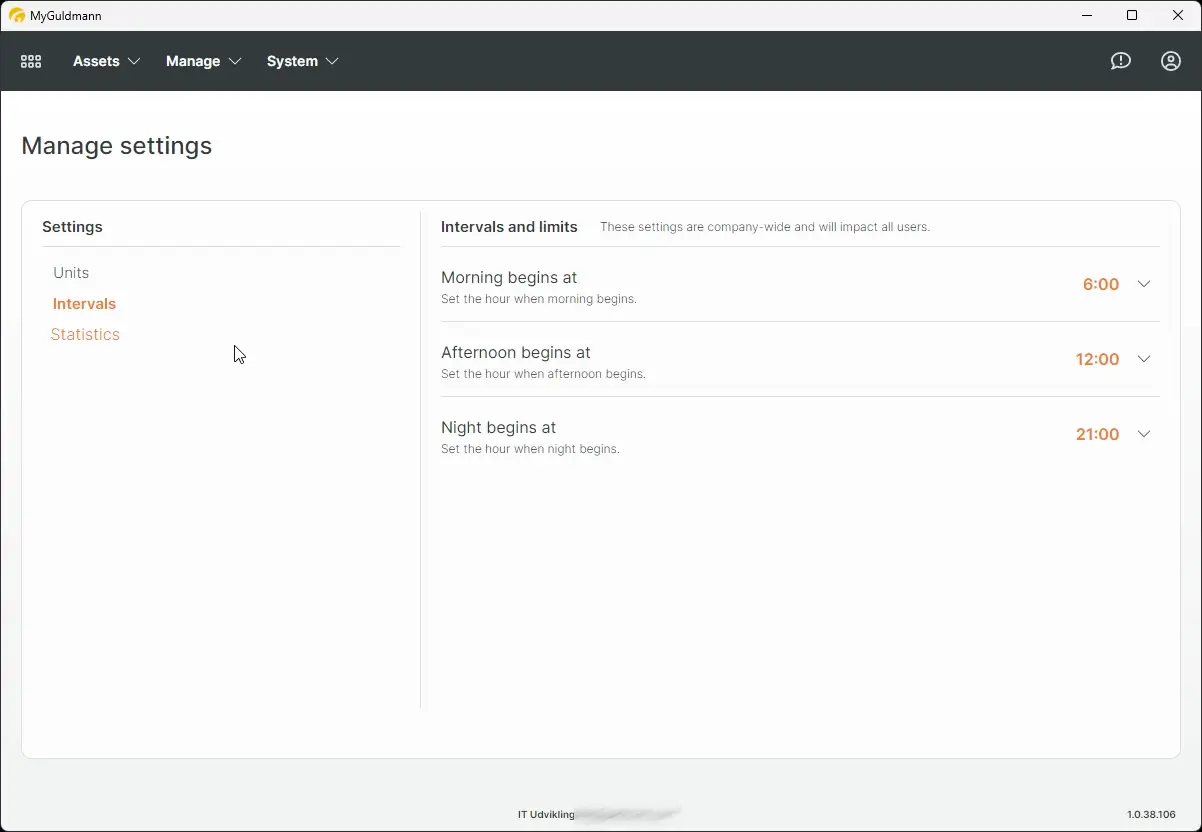 MyGuldmann Settings page showing Intervals and limits settings for morning, afternoon, and night start times.