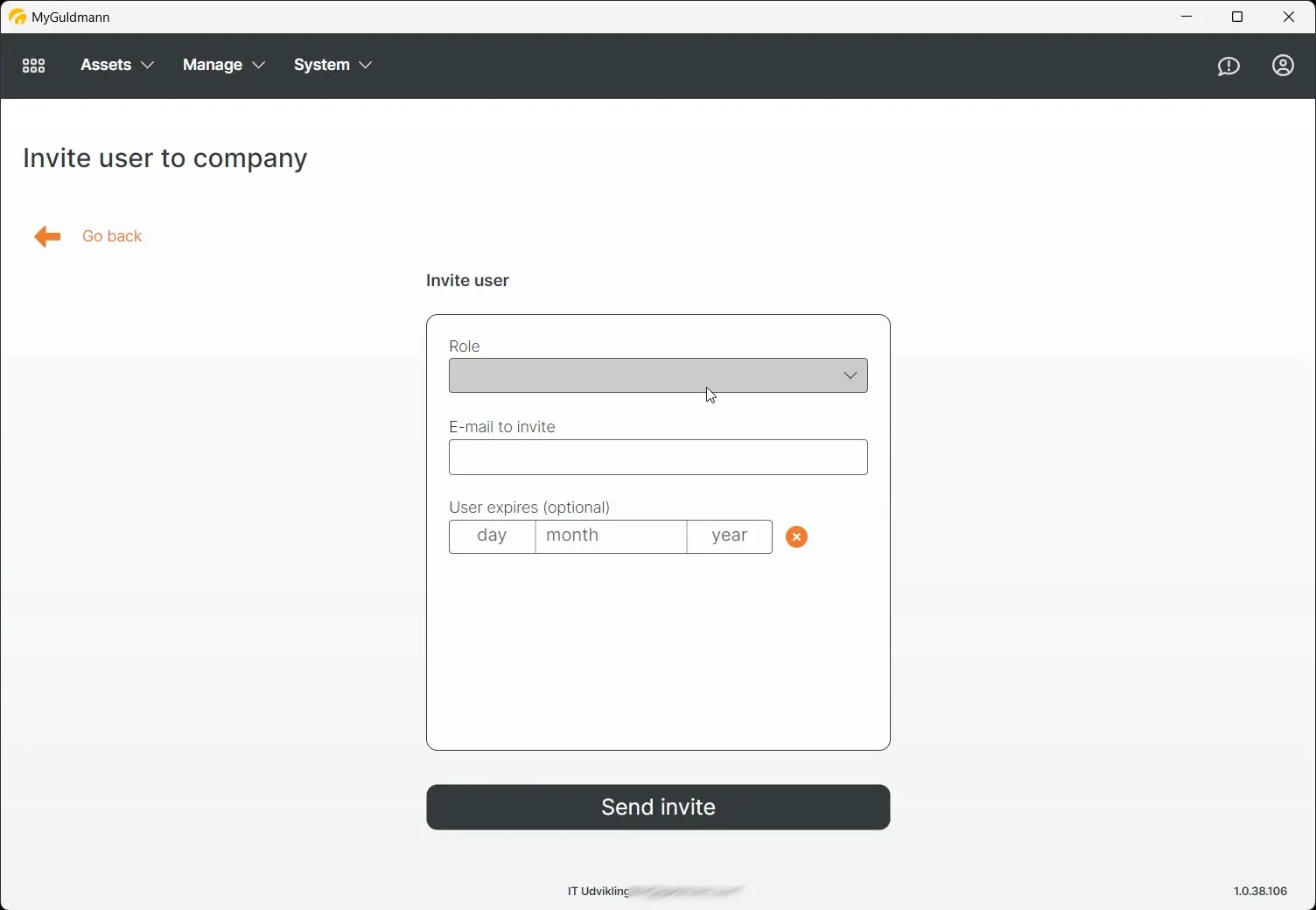 MyGuldmann Invite user to company page with form fields for role, email, and optional expiration date, and a Send invite button.