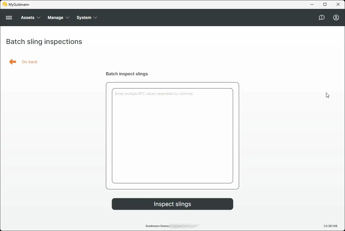MyGuldmann Batch sling inspections page for entering EPC values and inspecting slings.