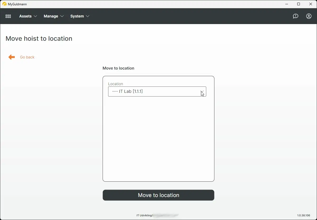 MyGuldmann Move hoist to location page showing location selection and move button.