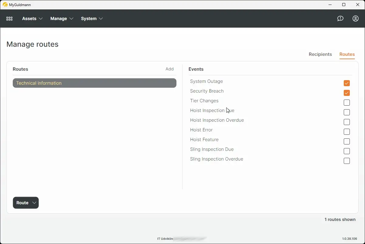 Manage routes screen in MyGuldmann application showing routes and events configuration options.