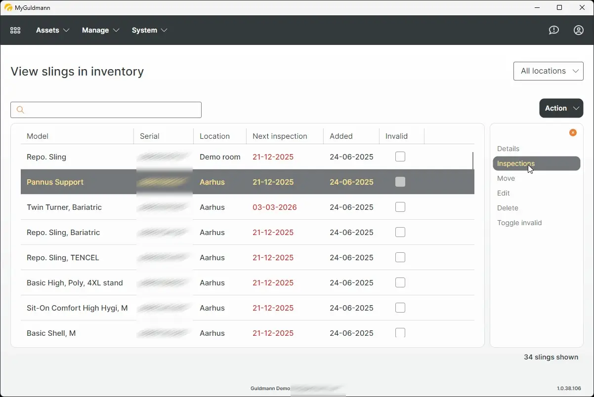 MyGuldmann inventory page showing sling details and inspection options.
