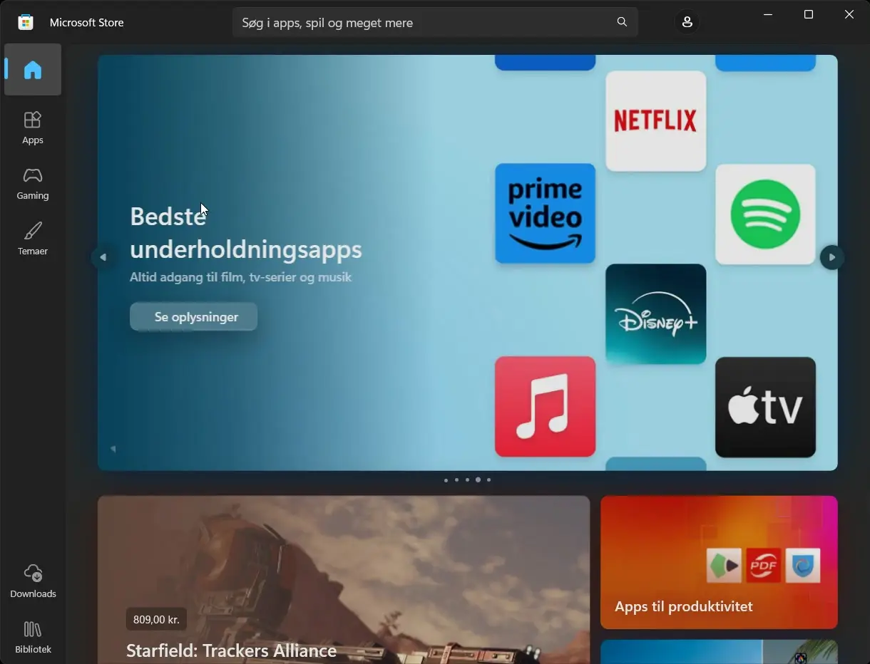 The screenshot displays the Microsoft Store, showcasing a selection of entertainment apps such as Netflix, Prime Video, Spotify, and Disney+.