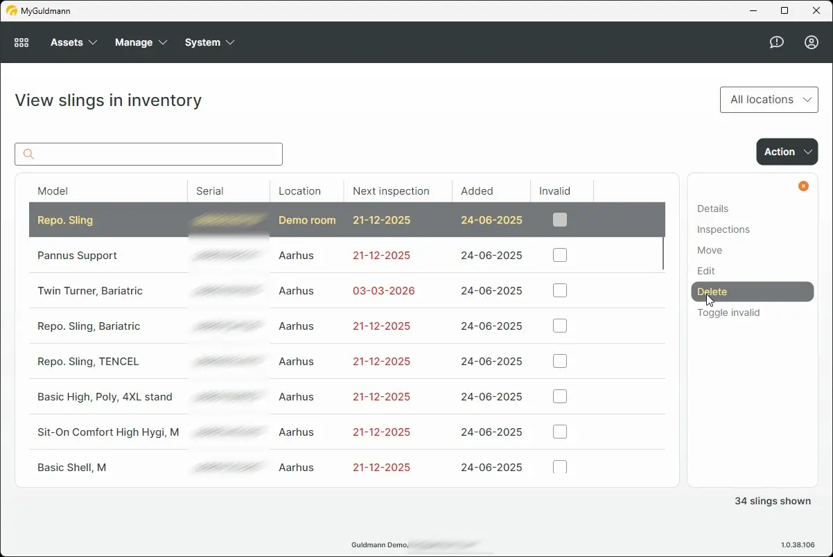 MyGuldmann View slings in inventory page showing a list of slings with details and action options.