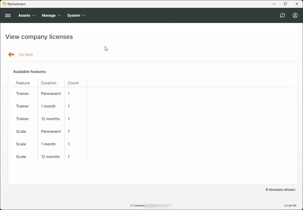 MyGuldmann View company licenses page showing available features and their durations.