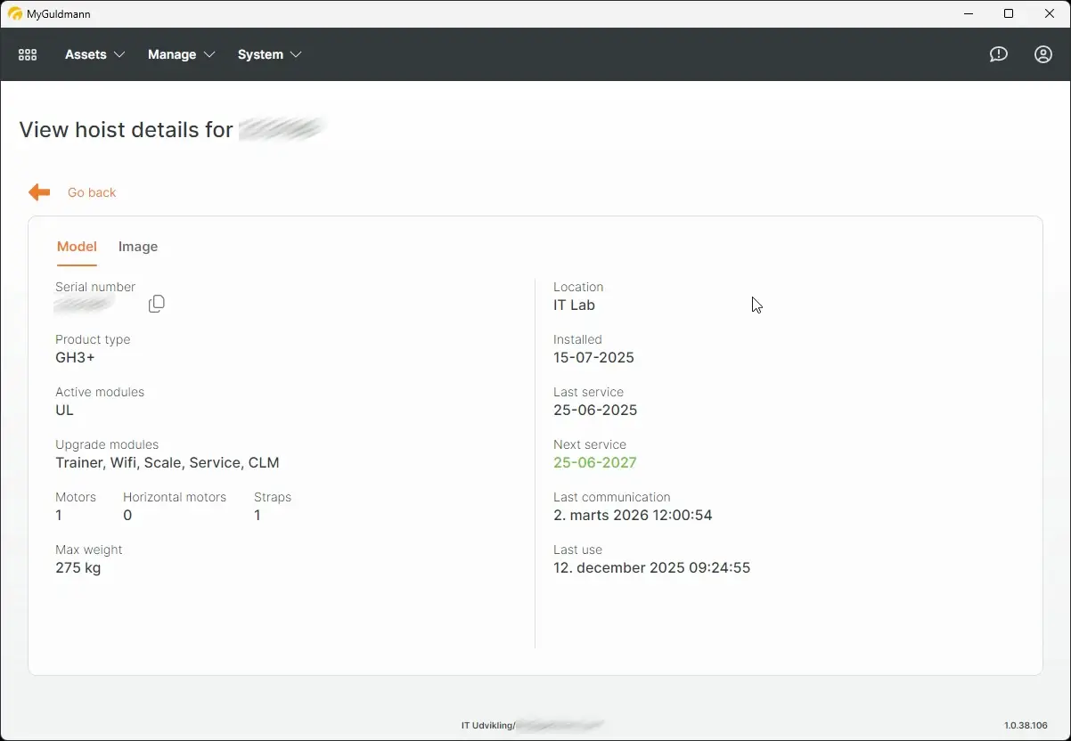 MyGuldmann Hoist Details Page showing model and service information.
