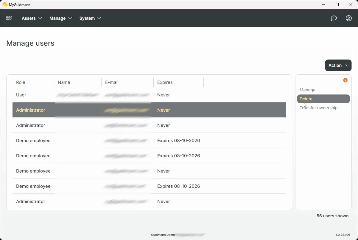 MyGuldmann Manage users screen showing user roles, names, emails, and expiration dates with action options.