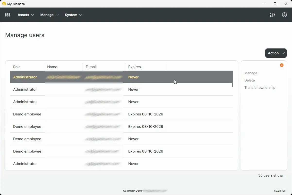 MyGuldmann Manage users screen showing user roles, names, emails, and expiration dates.