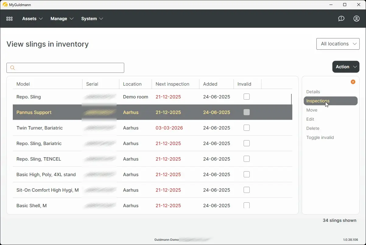 MyGuldmann View slings in inventory page showing sling details and inspection options.