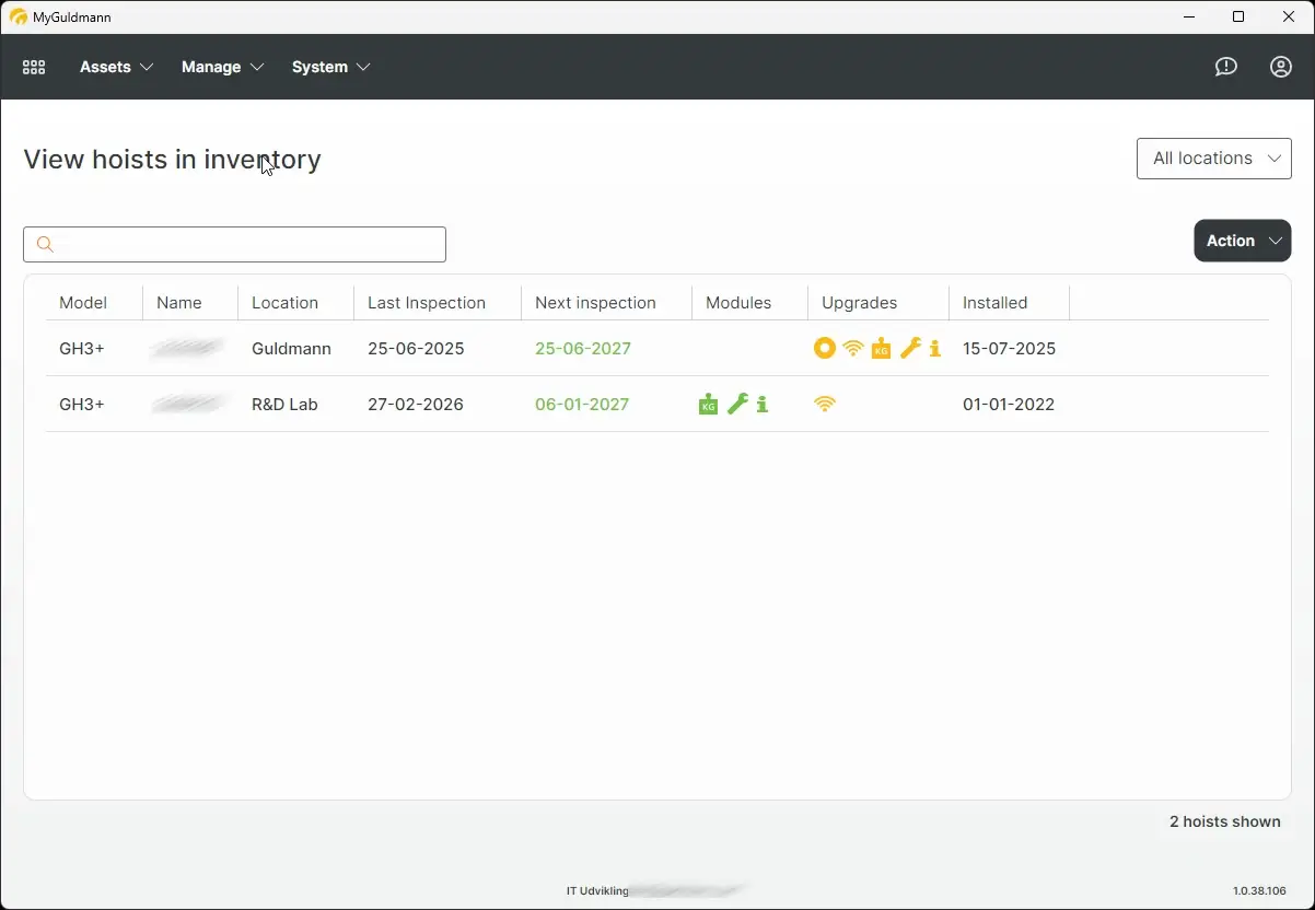MyGuldmann View hoists in inventory page showing hoist details and inspection dates.