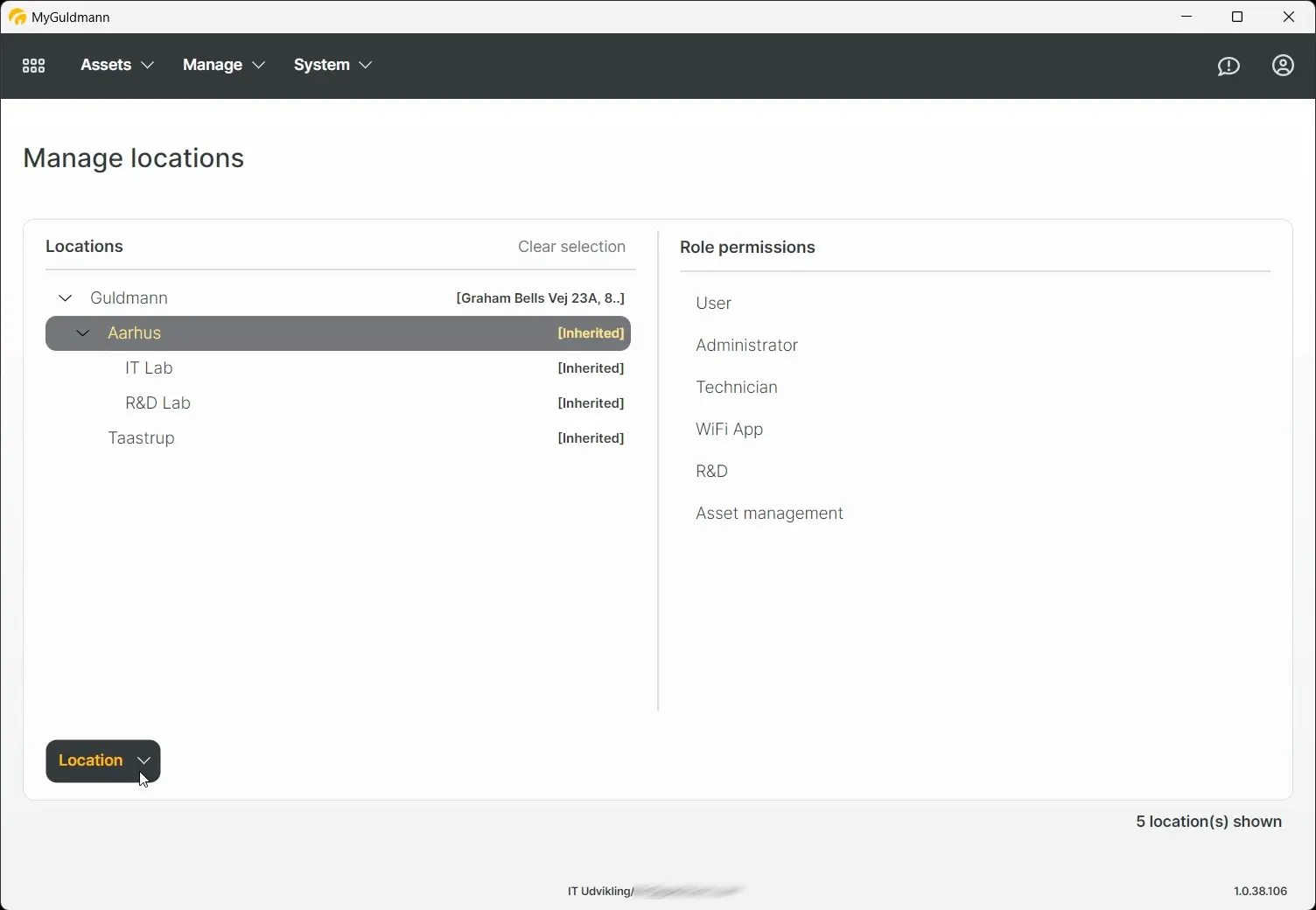 MyGuldmann Manage locations screen showing location and role permissions management.