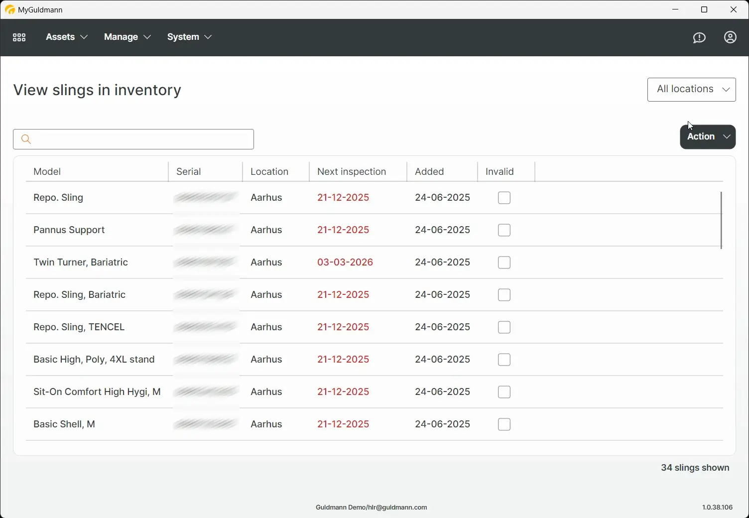 MyGuldmann View slings in inventory screen showing a list of slings with details like model, serial, location, and inspection dates.