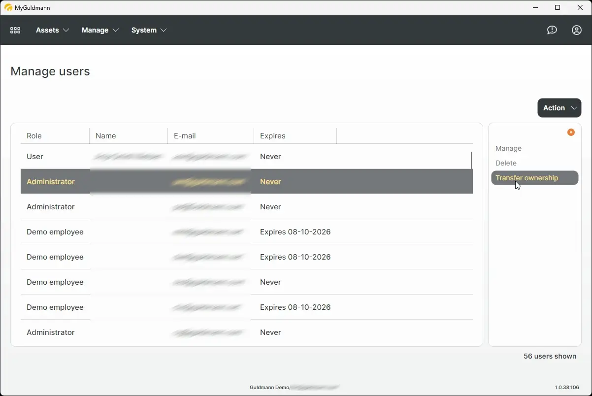 MyGuldmann Manage users screen showing user roles, names, emails, and expiration dates with action options.