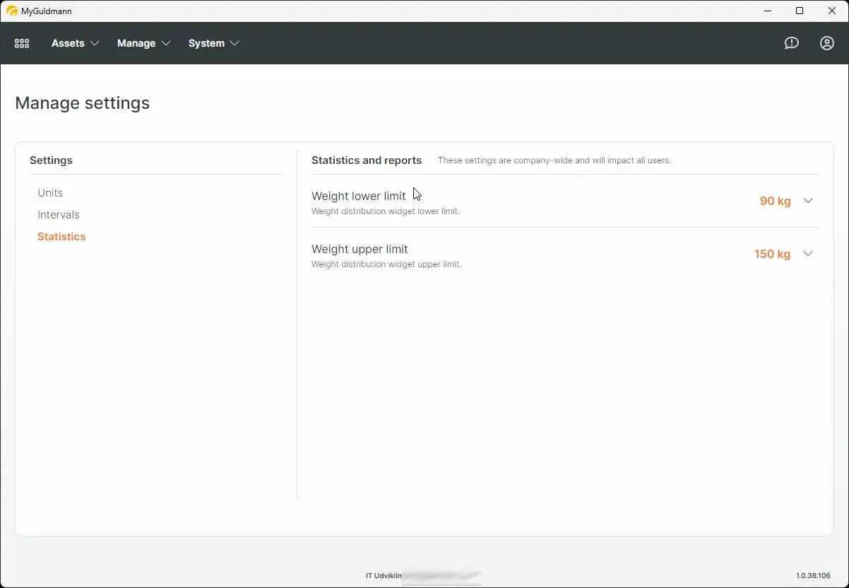 MyGuldmann Manage settings page showing Statistics and reports settings with weight limits.