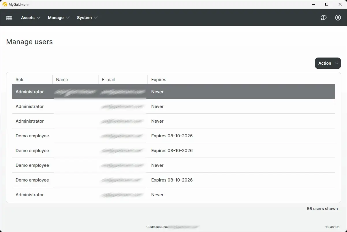 MyGuldmann Manage users screen showing a list of users with roles, names, emails, and expiration dates.