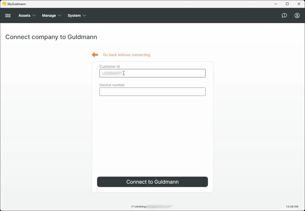 MyGuldmann Connect company to Guldmann page with fields for Customer Id and Invoice number.
