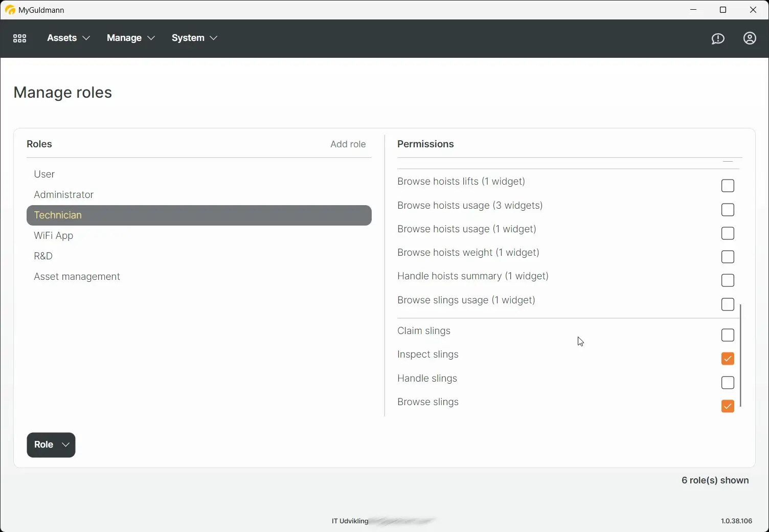 MyGuldmann Manage roles screen showing Technician role permissions.