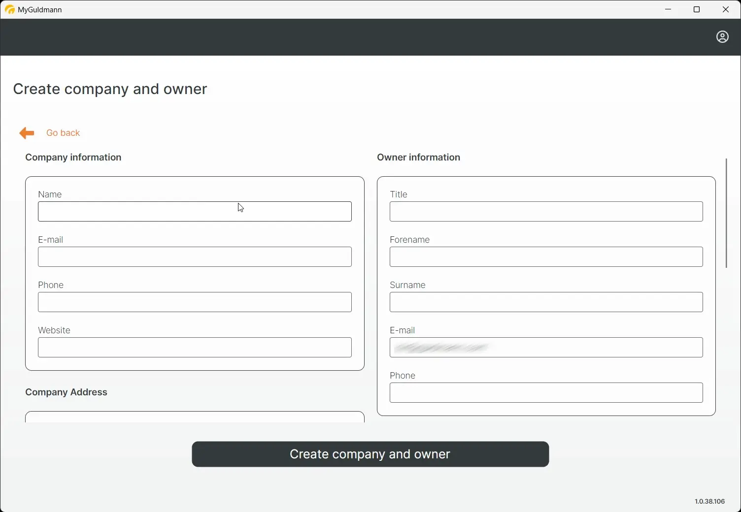 MyGuldmann Create company and owner screen