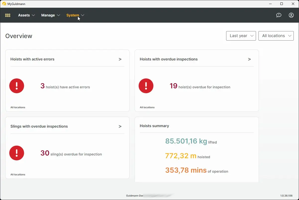 MyGuldmann System Overview page showing hoist and sling status metrics.