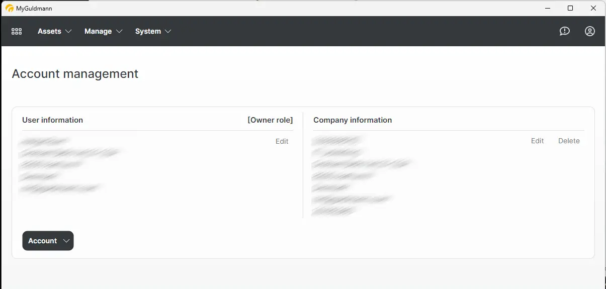 MyGuldmann Account management screen showing user and company information sections with edit and delete options.