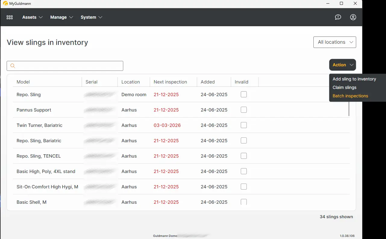 MyGuldmann View slings in inventory page showing a list of slings with details and action options.