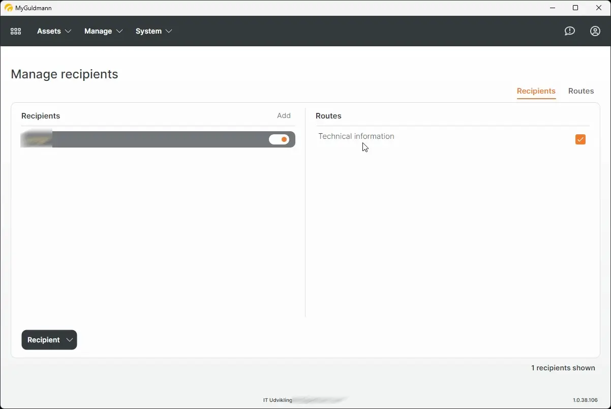 MyGuldmann Manage recipients screen showing recipient and route management options.