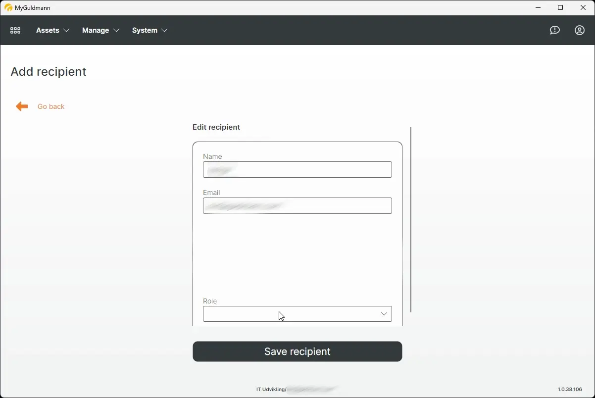 MyGuldmann Add recipient page for editing recipient details with fields for name, email, and role, and a save button.