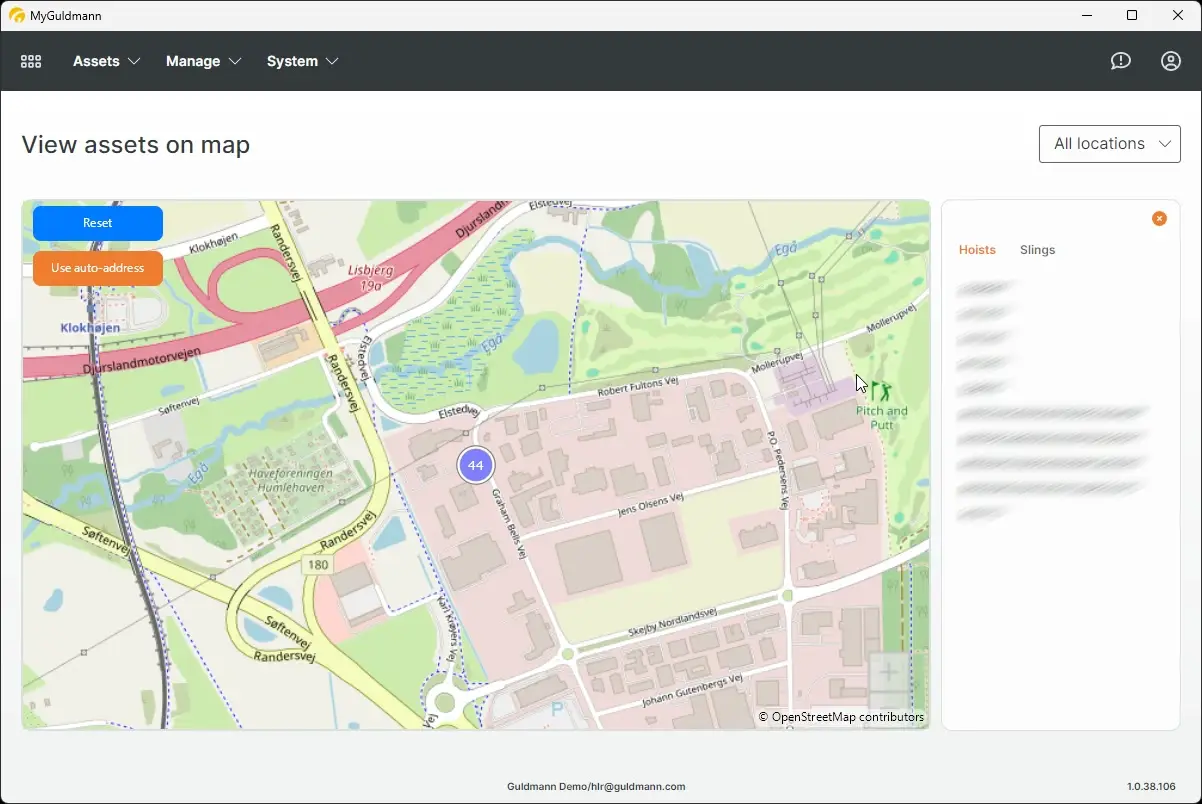 MyGuldmann map view showing asset locations with navigation and filter options.