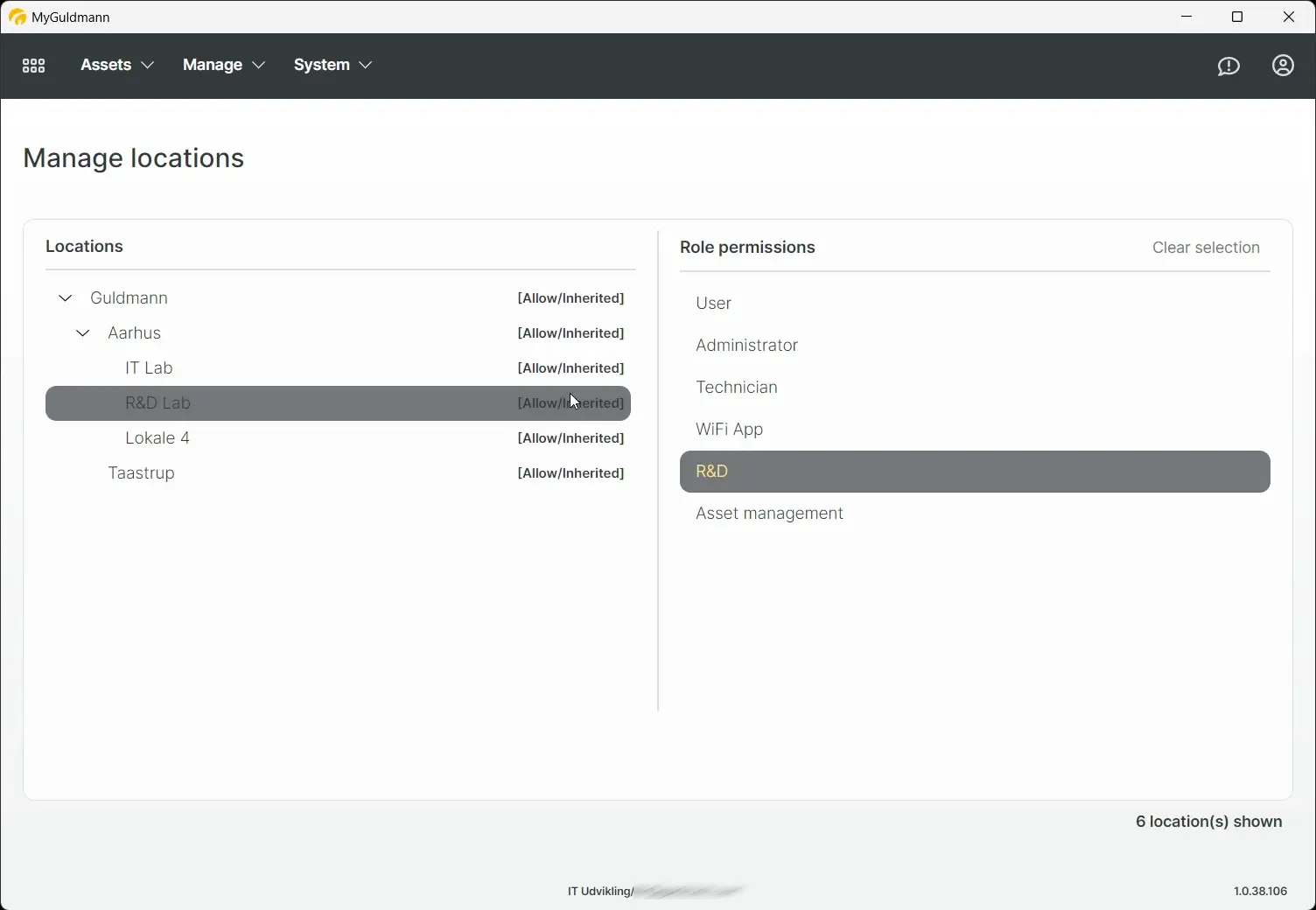 MyGuldmann Manage locations screen showing location and role permissions