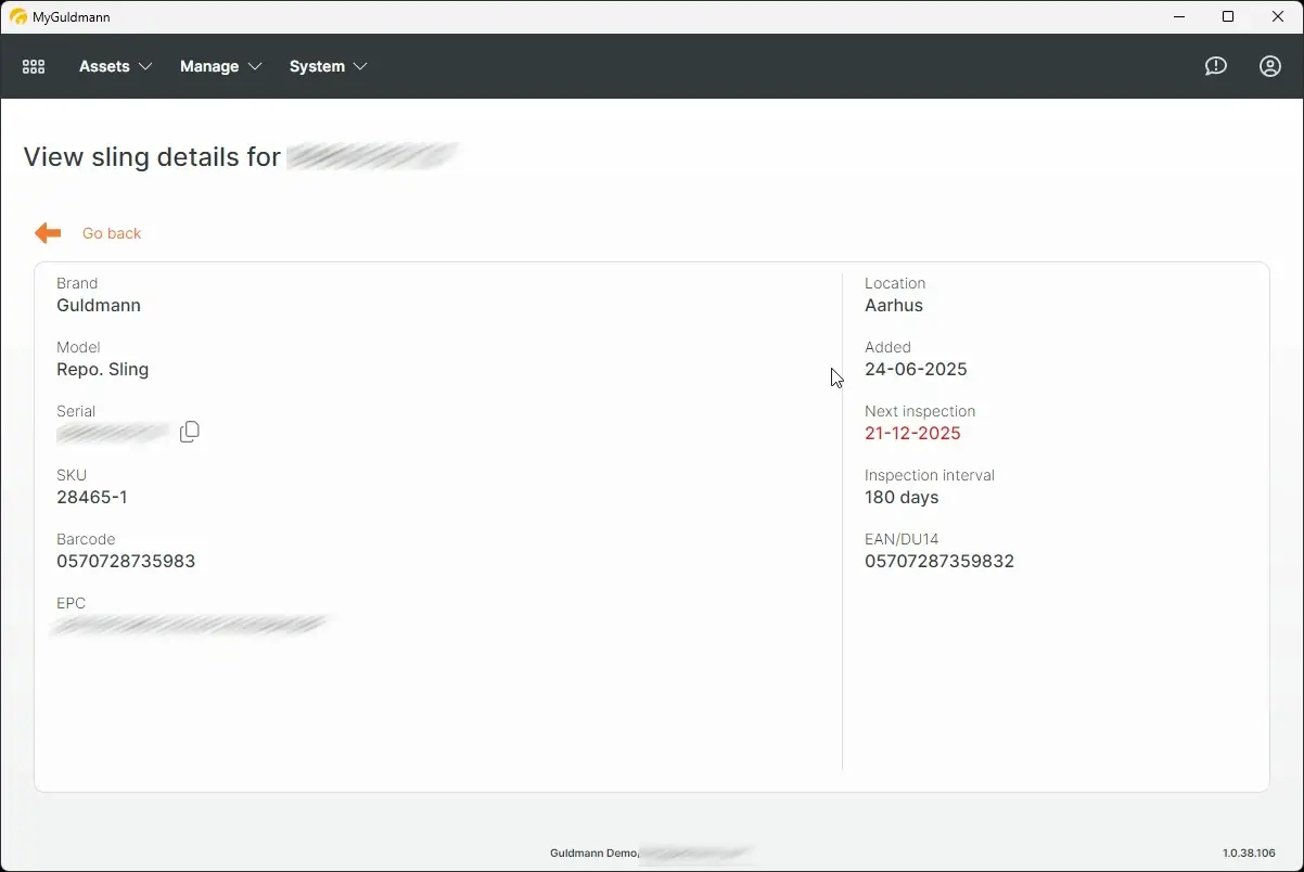 MyGuldmann View Sling Details page showing sling information including brand, model, serial, SKU, barcode, location, and inspection details.