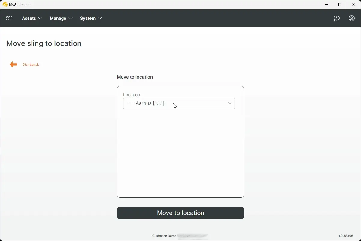 MyGuldmann Move sling to location page with location dropdown and move button