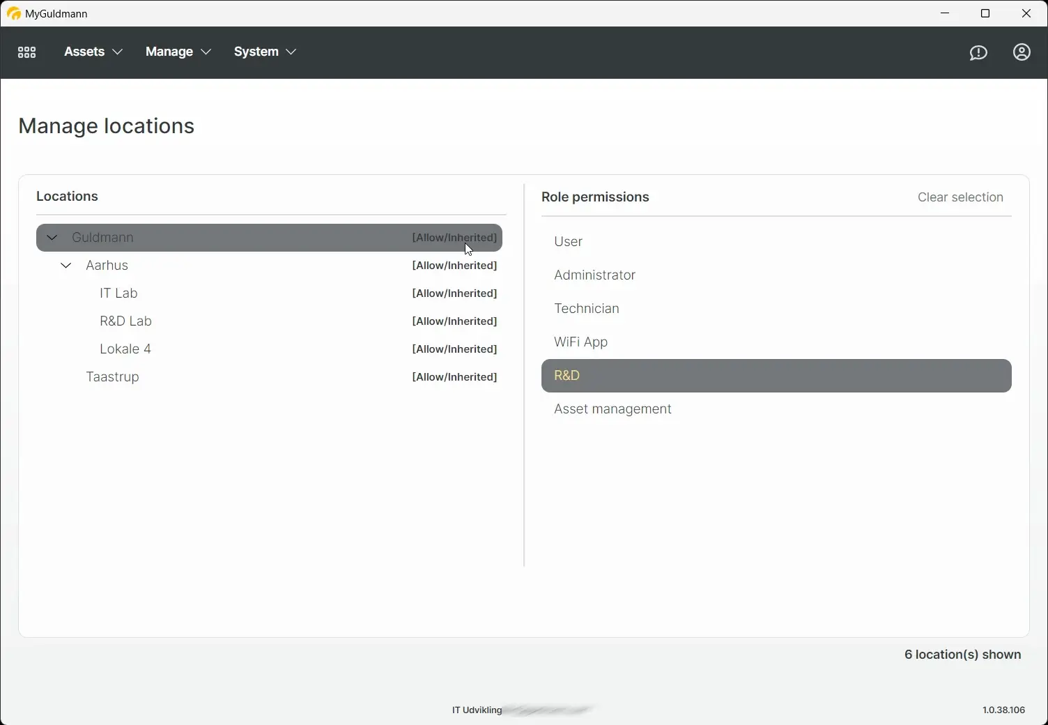 MyGuldmann Manage locations screen showing location and role permissions.