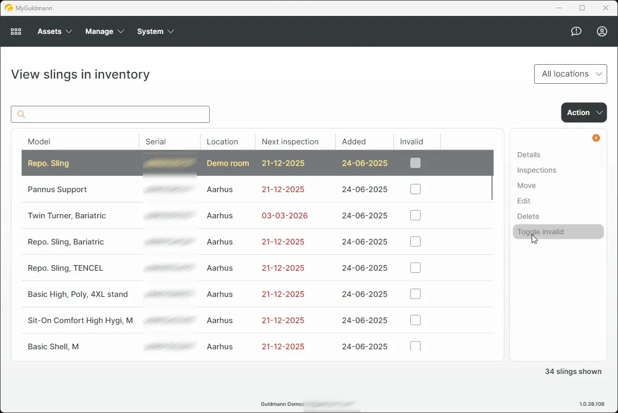 MyGuldmann View slings in inventory page showing sling details and actions.