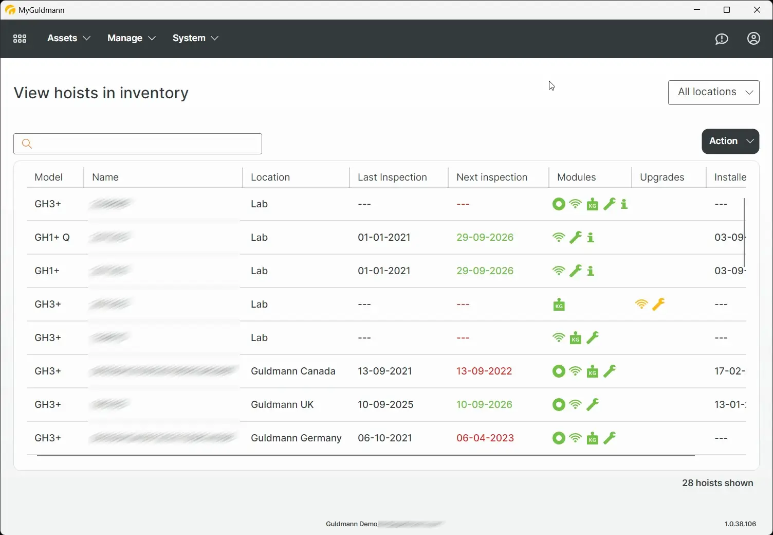 MyGuldmann inventory page showing a list of hoists with details like model, location, and inspection dates.