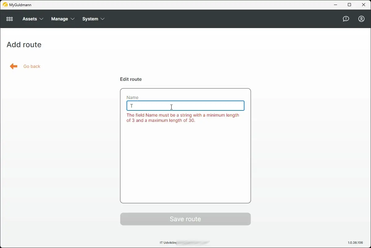 MyGuldmann Add route page with name validation error