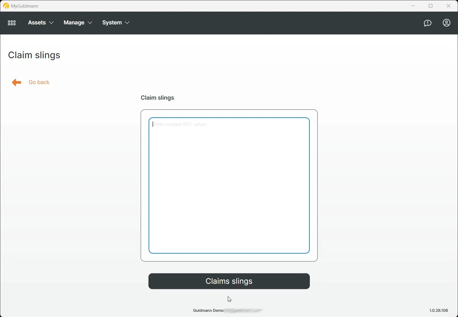 MyGuldmann Claim slings screen for entering EPC values to claim slings.