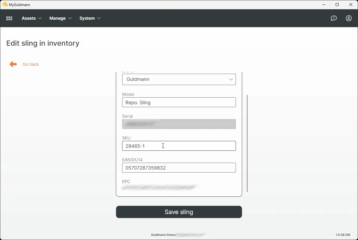 MyGuldmann Edit Sling in Inventory page showing form fields for sling details and a Save button.