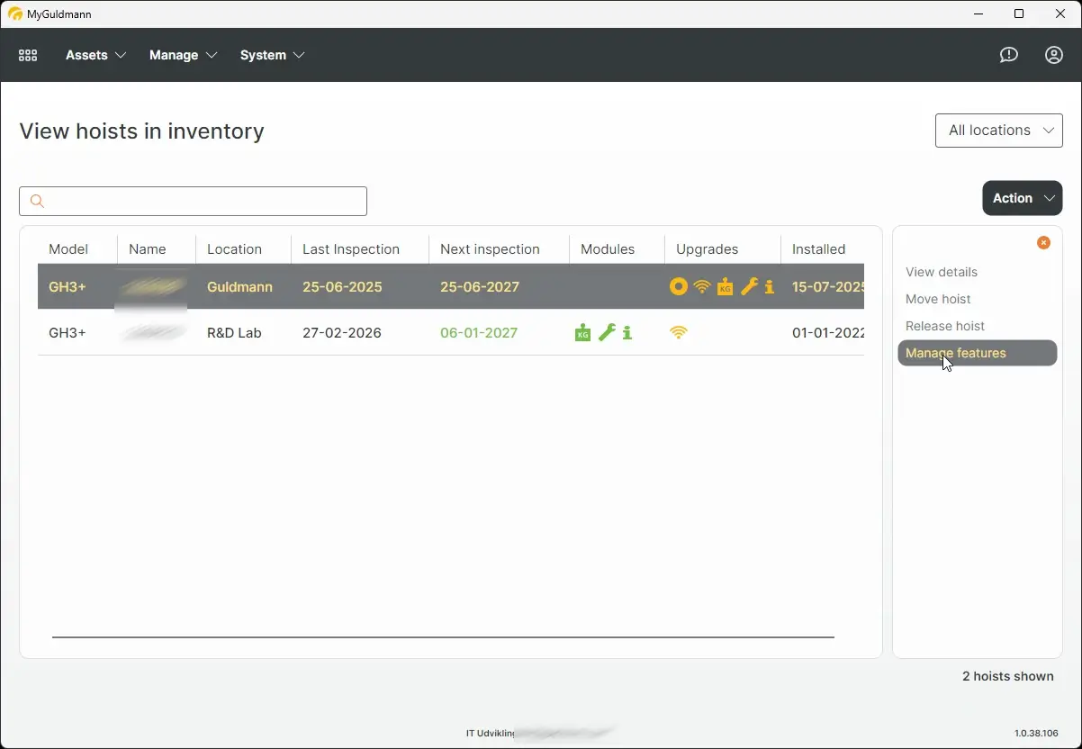 MyGuldmann View hoists in inventory page showing hoist details and action menu.