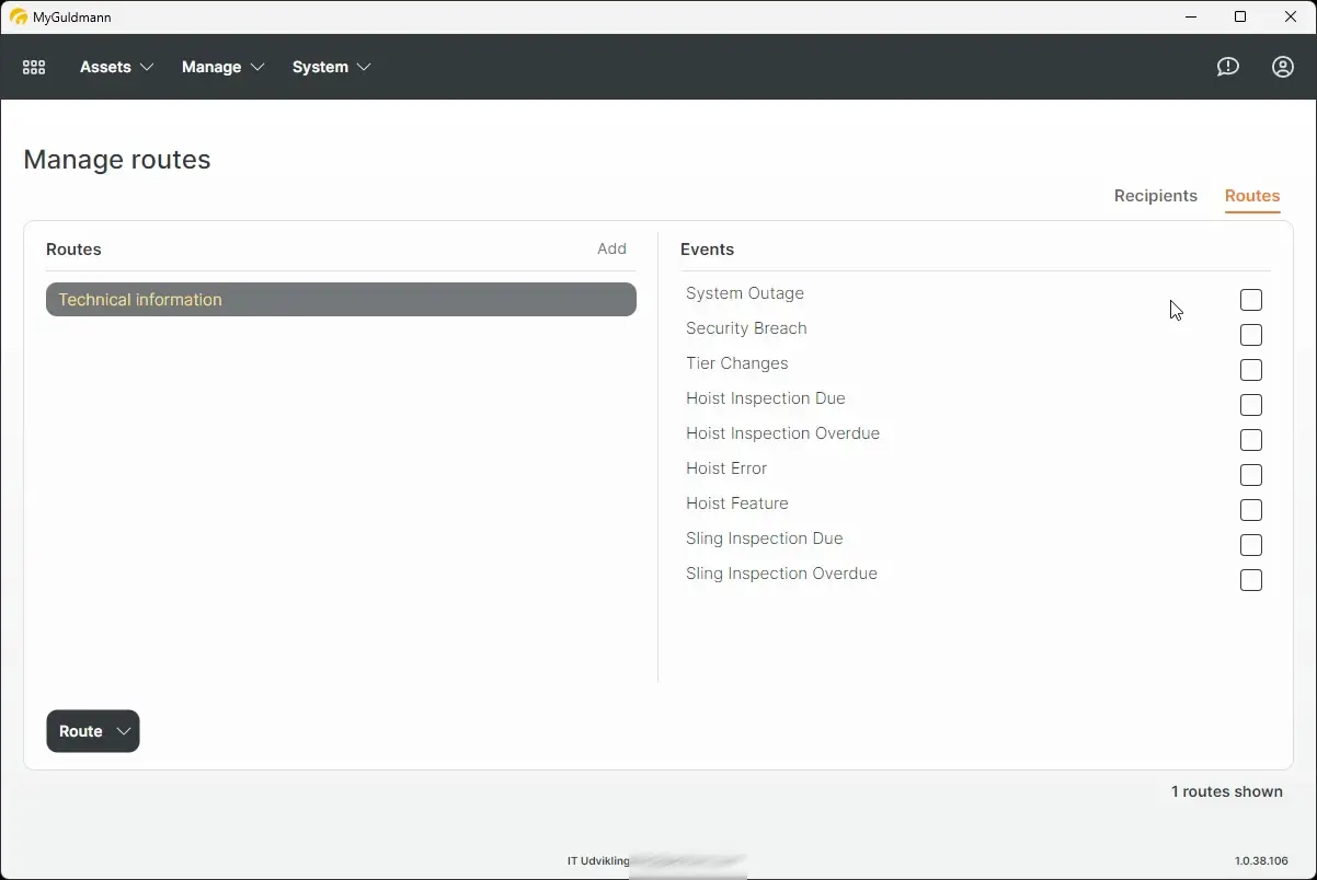 Manage routes screen in MyGuldmann application showing routes and events configuration options.