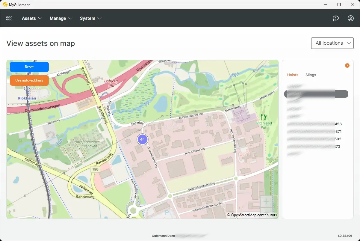 MyGuldmann Inventory Map View showing asset locations and inventory details.