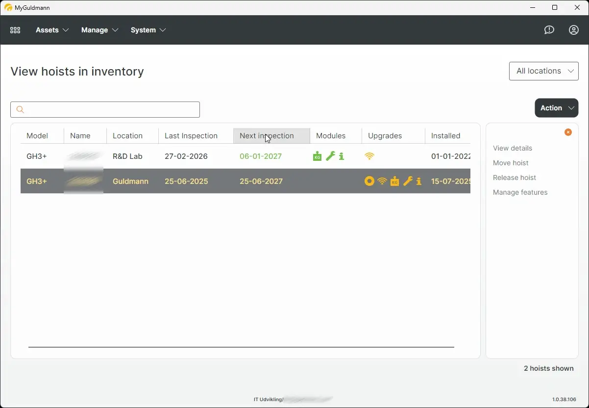 MyGuldmann hoist inventory page showing details of hoists including model, location, and inspection dates.
