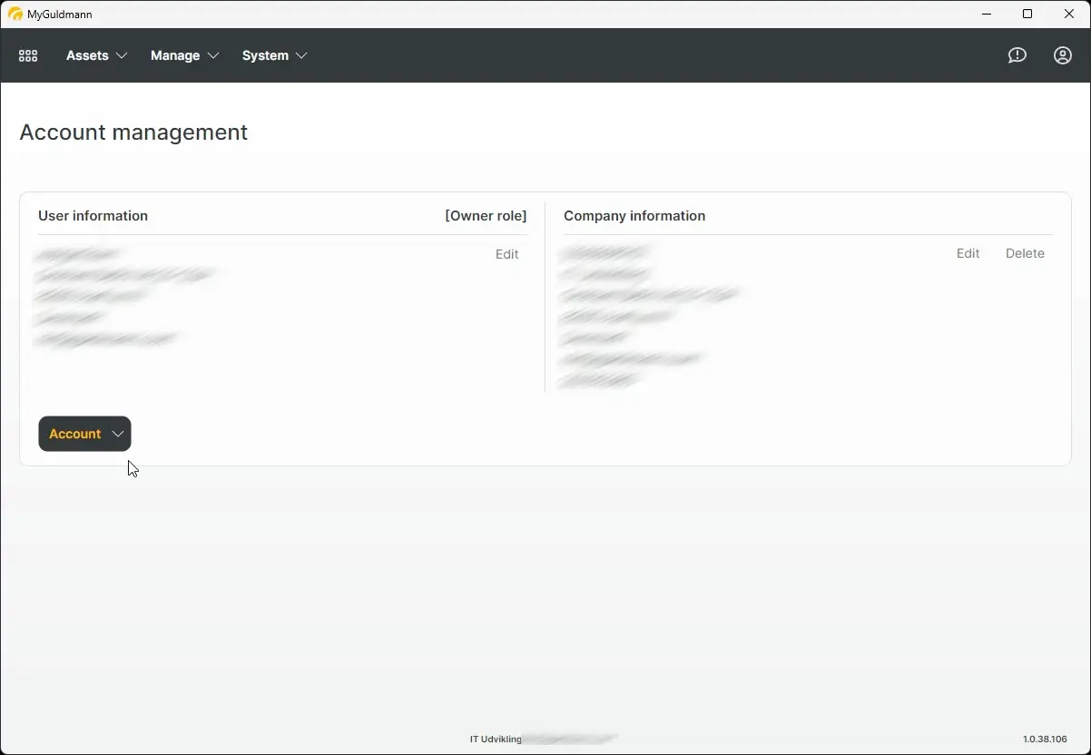 MyGuldmann Account management screen showing user and company information with edit and delete options.
