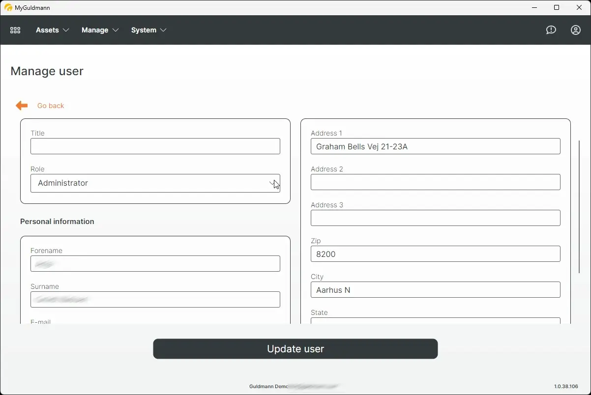 MyGuldmann Manage user interface for updating user information with fields for title, role, and personal details.
