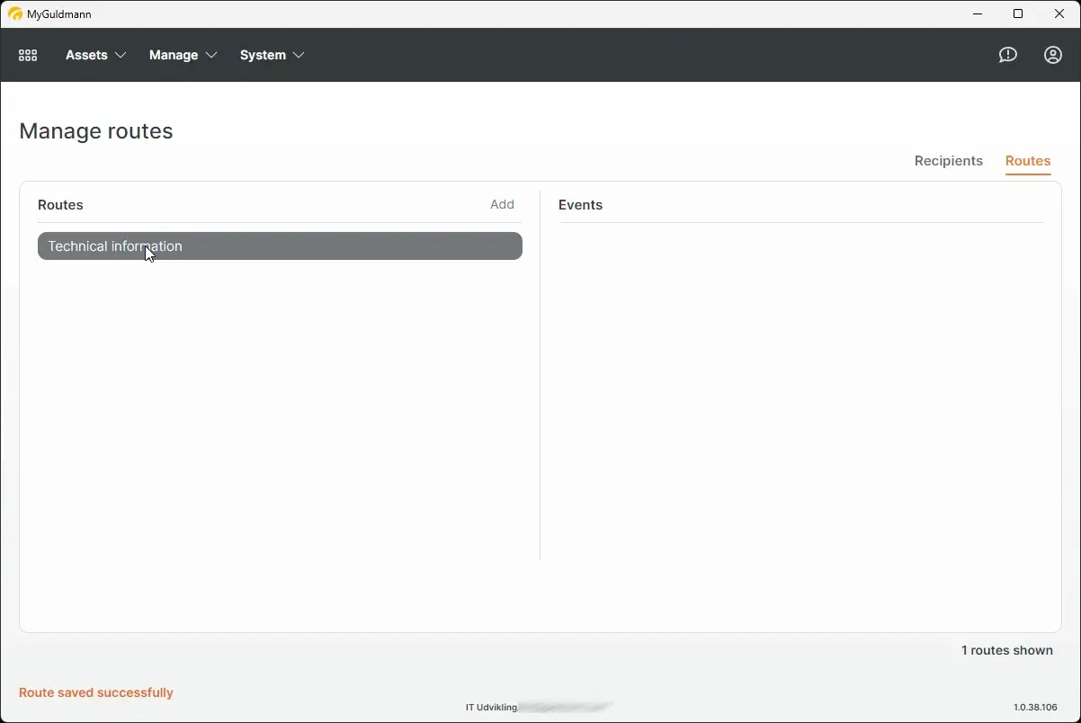 MyGuldmann Manage routes page showing Technical Information route.