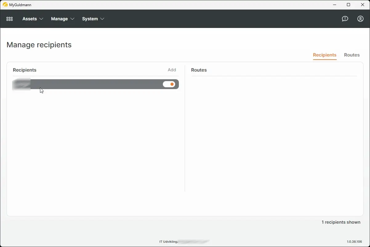 MyGuldmann Manage recipients page showing recipient list with toggle switches and empty routes section.